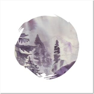 Watercolor forest in purple and grey Posters and Art